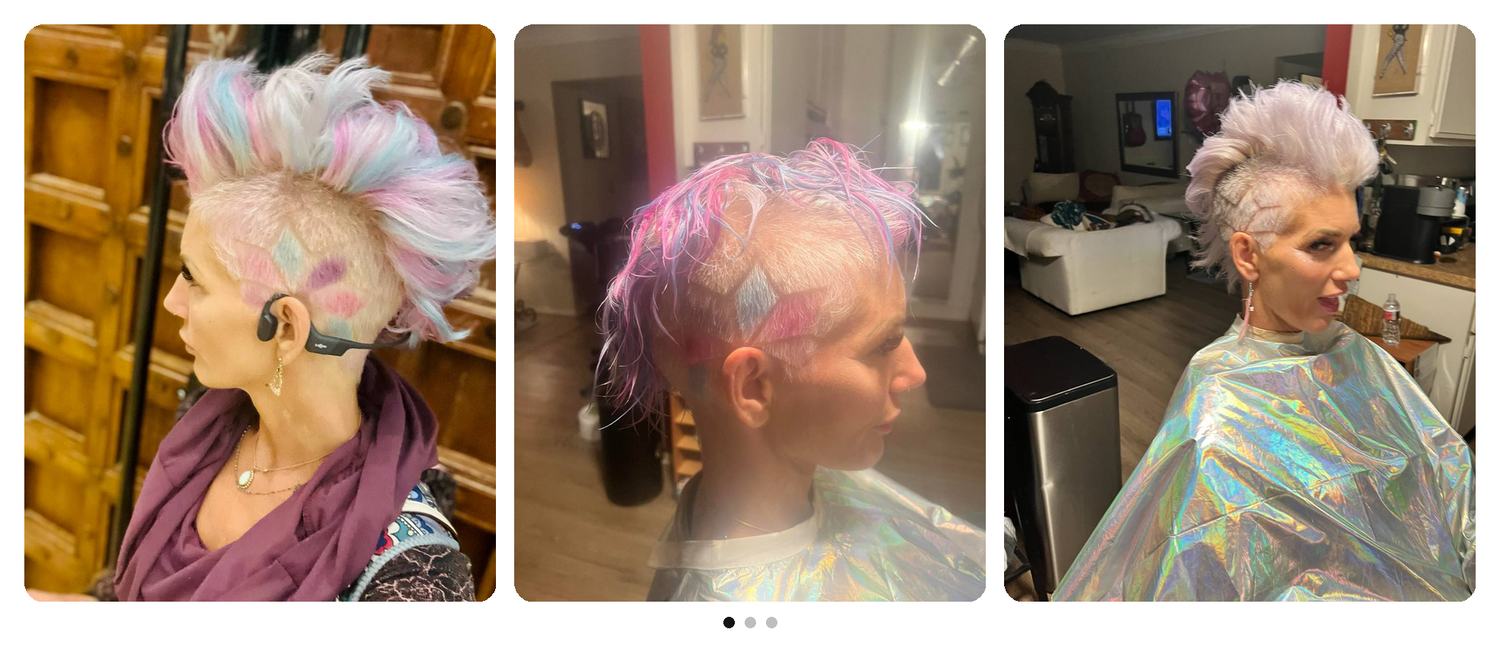 Three views of a pastel mohawk with pink and blue colour and shaved diamond designs on the sides